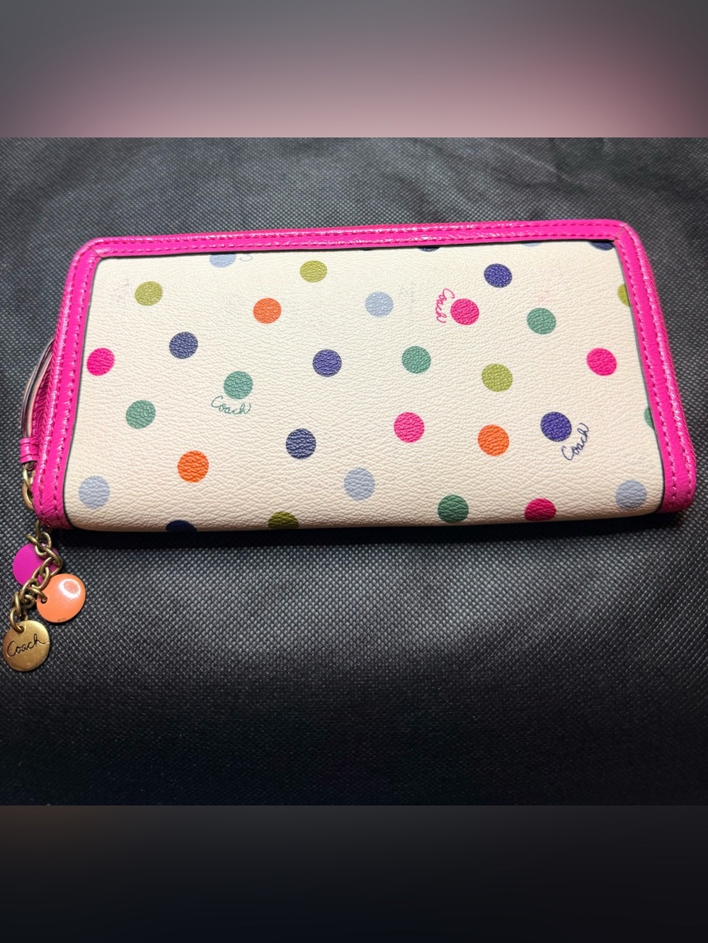 PROJECT - Coach Multicolor Polka Dot Zip Wallet with Hot Pink Trim